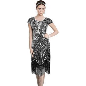 ✨ Flapper Great Gatsby Roaring 1920s Retro Tassel Fringe Silver Sequin Dress NEW